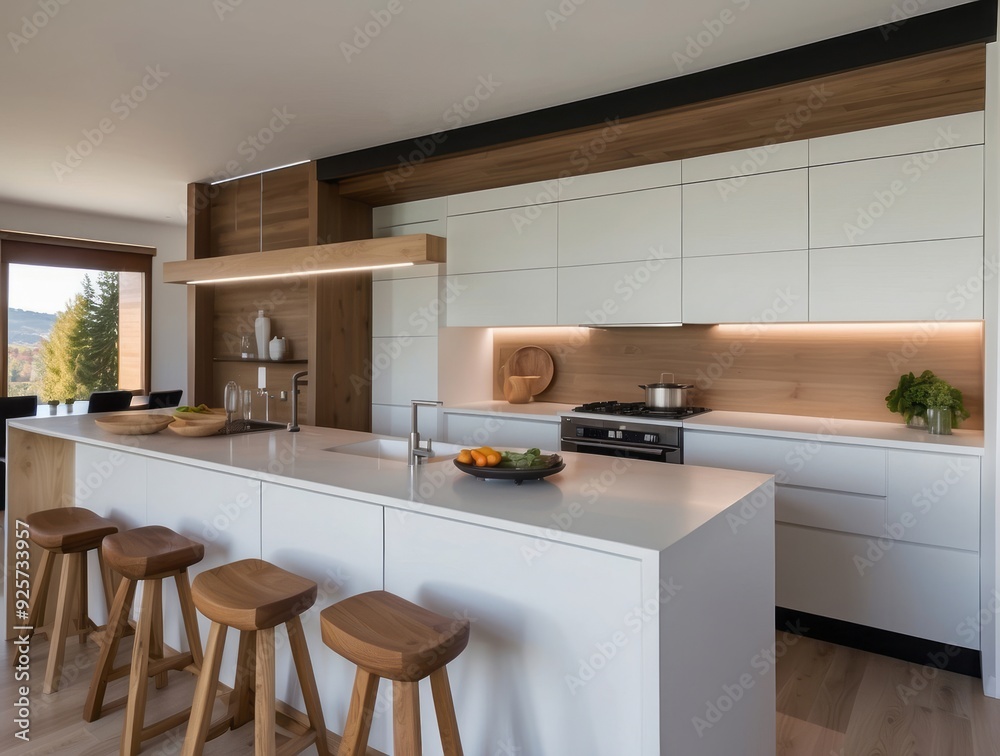 Modern Kitchen with White Cabinets and Wooden Accents Modern Kitchen with White Cabinets and Wooden Accents