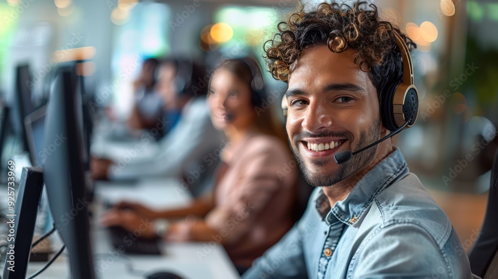 Customer Support Agent Assisting Clients at Call Center with Colleagues in Background Customer Support Agent Assisting Clients at Call Center with Colleagues in Background