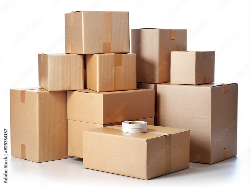 Stacked cardboard moving boxes with folded lids and packing tape, isolated on a plain white background, awaiting packing for a new home or office. Stacked cardboard moving boxes with folded lids and packing tape, isolated on a plain white background, awaiting packing for a new home or office.