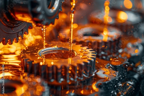 Fresh engine oil pouring and splashing on gears, lubrication concept