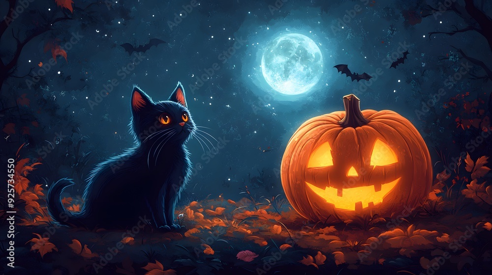 3D cartoon style Halloween scene featuring a ghost, a black cat, and a glowing pumpkin, set against a spooky night sky. 3D cartoon style Halloween scene featuring a ghost, a black cat, and a glowing pumpkin, set against a spooky night sky.