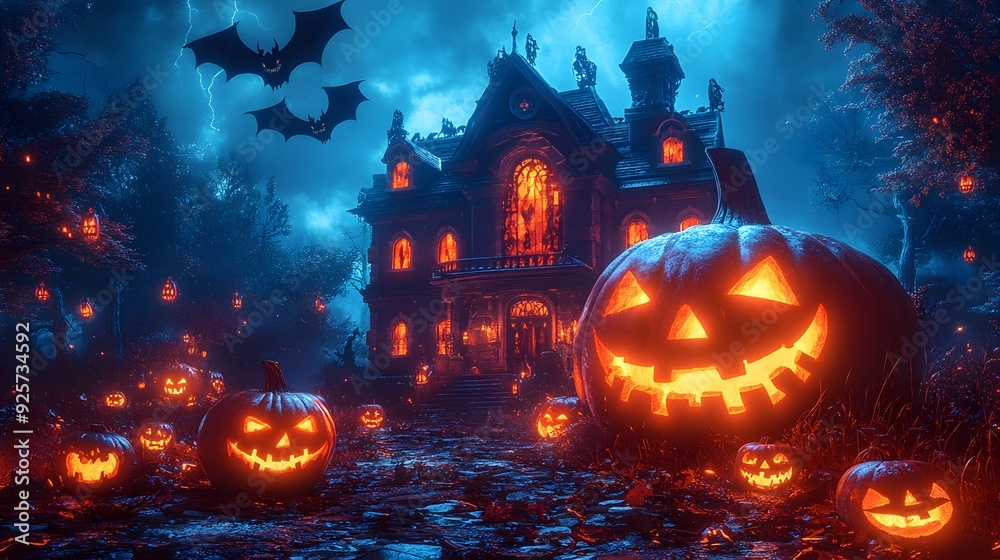 3D cartoon Halloween illustration featuring a haunted house, flying bats, and glowing jack-o'-lanterns for holiday greetings. 3D cartoon Halloween illustration featuring a haunted house, flying bats, and glowing jack-o'-lanterns for holiday greetings.