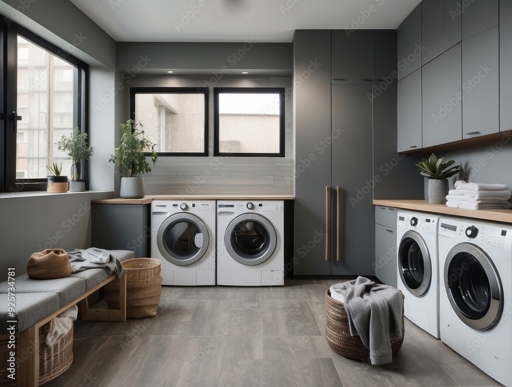 Modern Laundry Room with White Washing Machines and Gray Cabinets Modern Laundry Room with White Washing Machines and Gray Cabinets