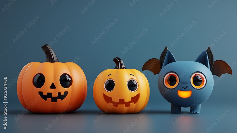 Set of 3D cartoon Halloween characters including a bat, a spider, and a glowing pumpkin for festive decorations.