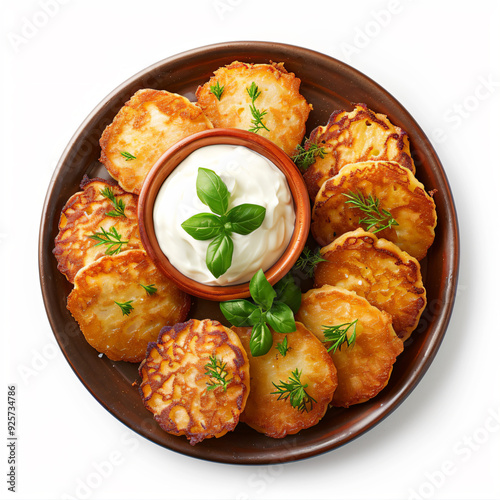 a plate of potato cakes with a small bowl of sour cream