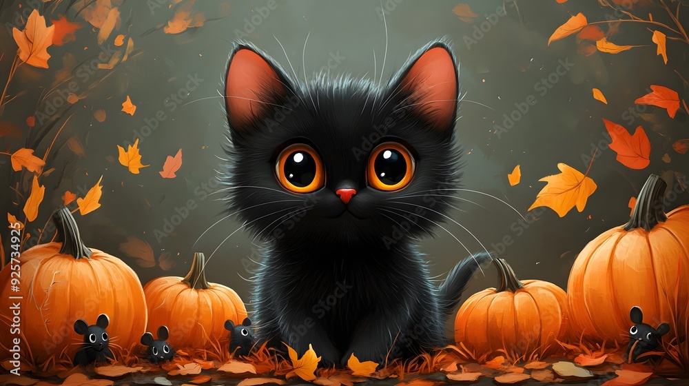 Fototapeta premium 3D cartoon Halloween greeting card with a cute black cat surrounded by pumpkins and mice, perfect for trick or treat banners.