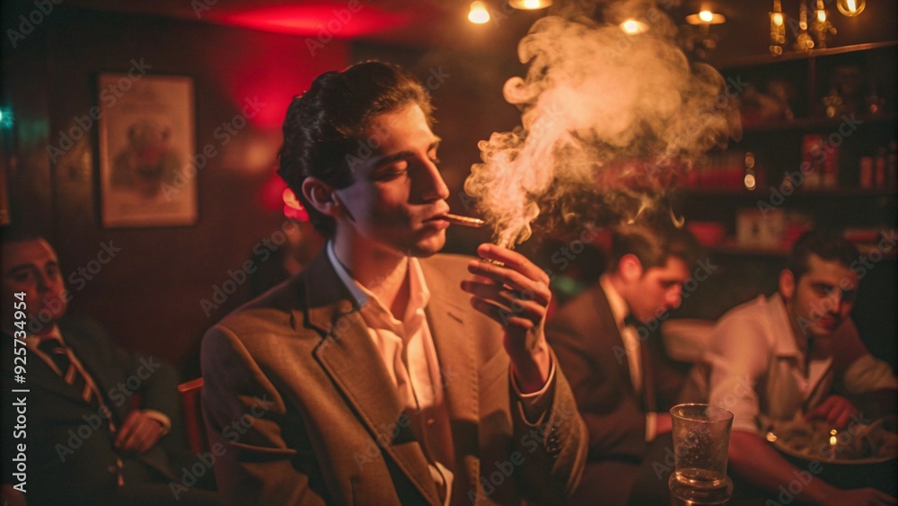 A person smoking in a small jazz club, the dim lighting and rising smoke creating a vintage, noir atmosphere. A person smoking in a small jazz club, the dim lighting and rising smoke creating a vintage, noir atmosphere.