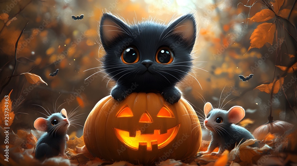 Naklejka premium Cute black cat sitting on a pumpkin with mice nearby, in a 3D cartoon style, designed for a Halloween greeting card.
