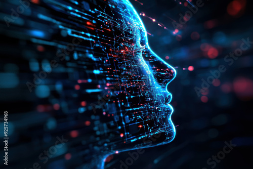 A computer generated face with a blue background. The face is made up of many small dots and lines. Concept of technology and artificial intelligence