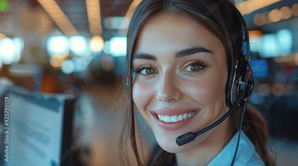 Happy Customer Service Representative with Headset Using Computer in Office Happy Customer Service Representative with Headset Using Computer in Office