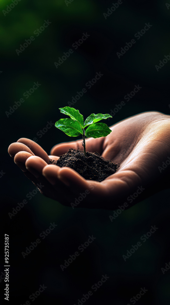 A hand holding a small green plant in its palm. Concept of nurturing and care for the plant, as the person is holding it gently and protecting it A hand holding a small green plant in its palm. Concept of nurturing and care for the plant, as the person is holding it gently and protecting it