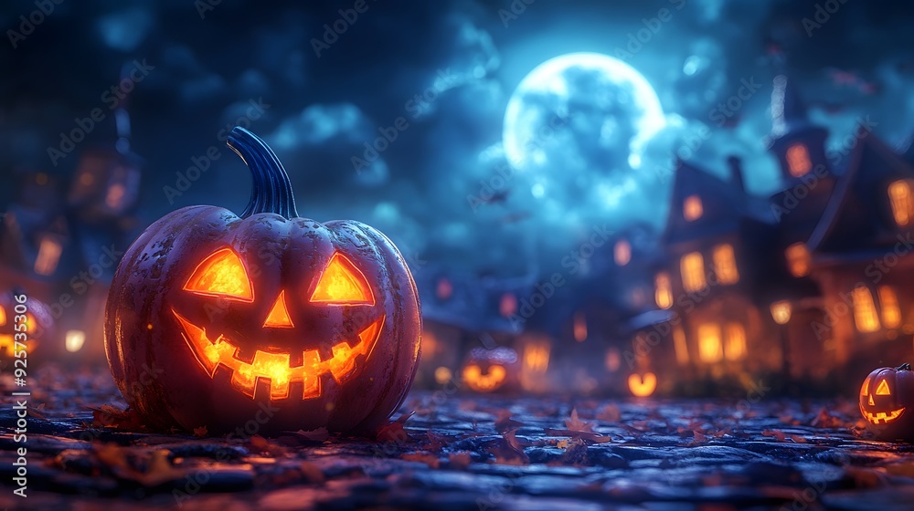 Halloween animation with a grinning pumpkin, ominous haunted house, and a large full moon in a 3D cartoon style. Halloween animation with a grinning pumpkin, ominous haunted house, and a large full moon in a 3D cartoon style.