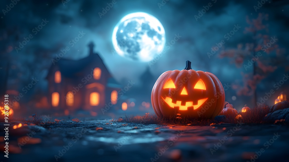 Halloween animation with a grinning pumpkin, ominous haunted house, and a large full moon in a 3D cartoon style. Halloween animation with a grinning pumpkin, ominous haunted house, and a large full moon in a 3D cartoon style.