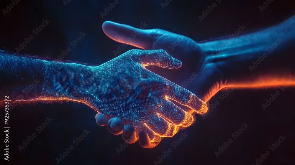 Hand Reaching for Holographic Handshake Icon Symbolizing Partnership and Hand Reaching for Holographic Handshake Icon Symbolizing Partnership and
