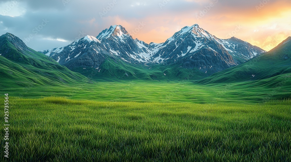 Fototapeta premium Open and flat green grasslands, snow capped mountains, dusk, rich colors, bird's-eye view,Ray Tracingï¼ŒExtreme long shotï¼ŒHyperrealism 