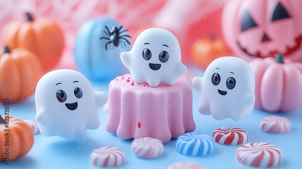 Set of Halloween 3D cartoon style elements including spiders, candy, and playful ghosts, perfect for party invitations and greeting cards. Set of Halloween 3D cartoon style elements including spiders, candy, and playful ghosts, perfect for party invitations and greeting cards.