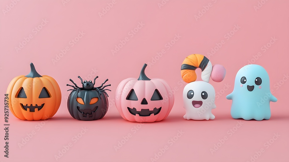 Set of Halloween 3D cartoon style elements including spiders, candy, and playful ghosts, perfect for party invitations and greeting cards. Set of Halloween 3D cartoon style elements including spiders, candy, and playful ghosts, perfect for party invitations and greeting cards.