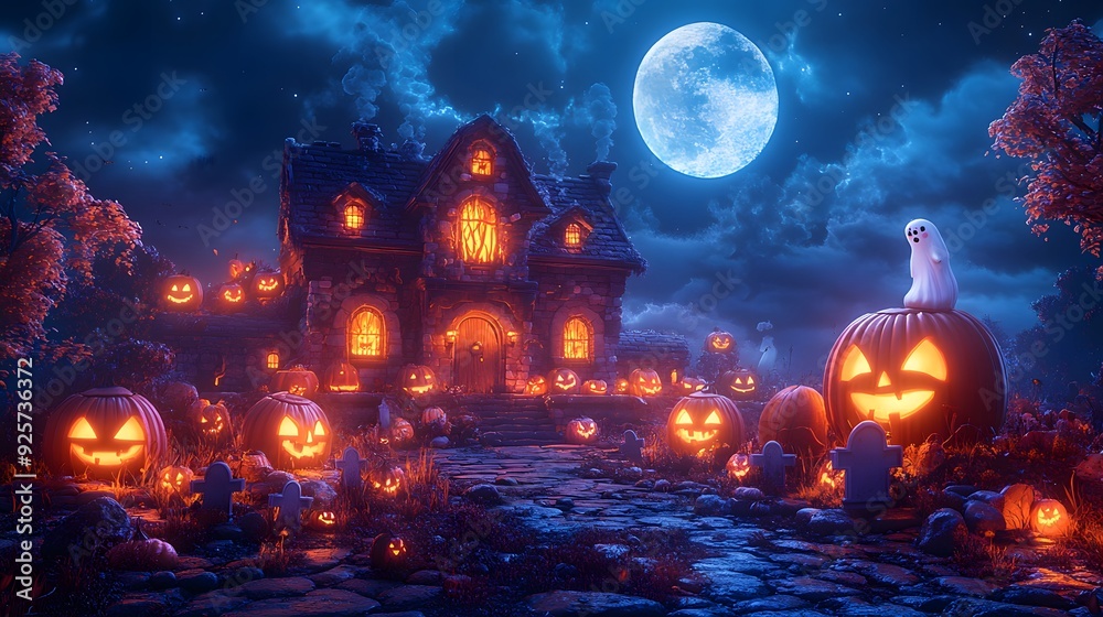 Haunted house on Halloween night, with playful ghosts, graves, and pumpkins, in a cute and colorful 3D cartoon style. Haunted house on Halloween night, with playful ghosts, graves, and pumpkins, in a cute and colorful 3D cartoon style.