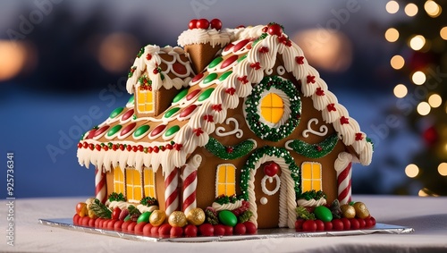 Gingerbread house decorated with icing and candies, intricate holiday design. AI generative.