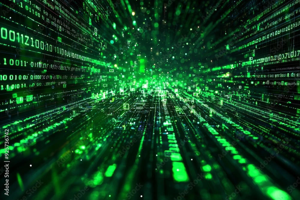 Green Dark Binary Code with Data Streaming Background created with Generative AI