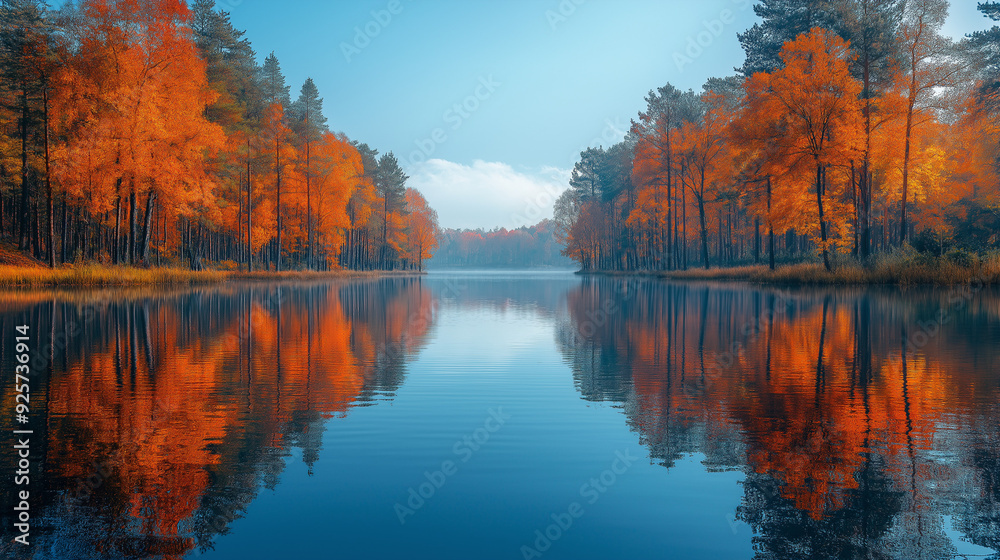 Fototapeta premium 紅葉に囲まれた静かな湖