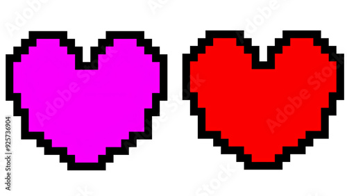 Two pixelated hearts, one pink and one red, isolated on a white background. Perfect for game design, retro graphics, and Valentine's Day themes.