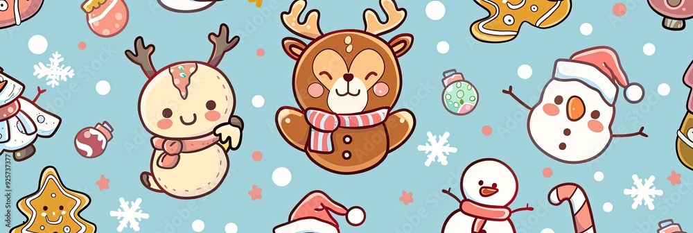 A cute, kawaii style illustration featuring adorable holiday characters like chibi reindeer, snowmen, and gingerbread cookies in pastel colors A cute, kawaii style illustration featuring adorable holiday characters like chibi reindeer, snowmen, and gingerbread cookies in pastel colors