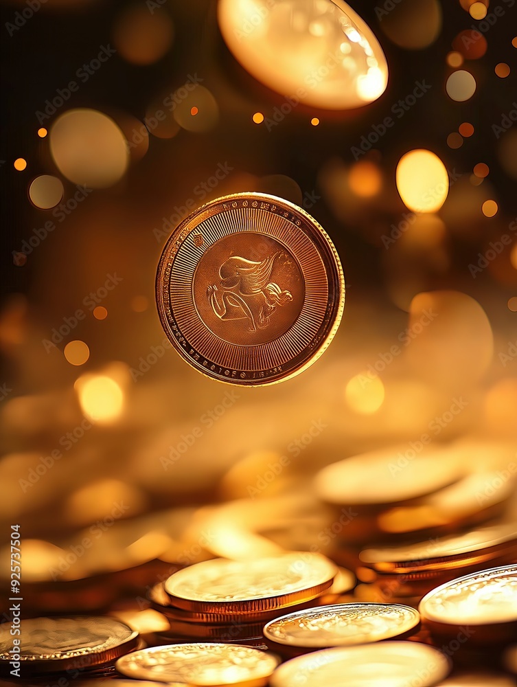 Gold coins and virtual currency floating in the air, soft lighting, neutral background Gold coins and virtual currency floating in the air, soft lighting, neutral background