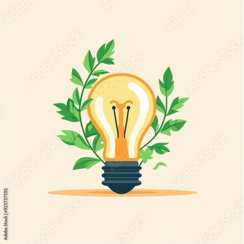 A creative light bulb surrounded by green leaves, symbolizing eco-friendly ideas and sustainable energy.