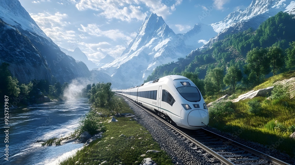 High Speed Train Racing Through Mountainous Landscape in Stunning 3D Rendering High Speed Train Racing Through Mountainous Landscape in Stunning 3D Rendering