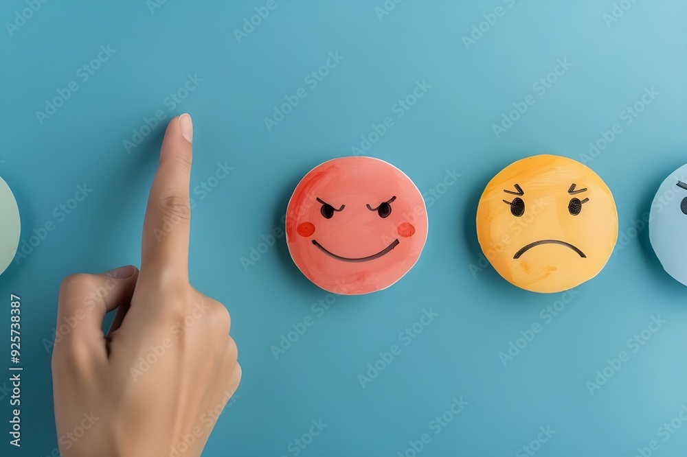 Hand touching happy face symbol on blue background with other smiley faces and frowns for customer service experience. Hand touching happy face symbol on blue background with other smiley faces and frowns for customer service experience.