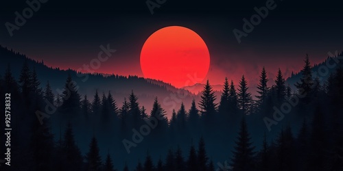 A giant red sun setting behind a dark forest