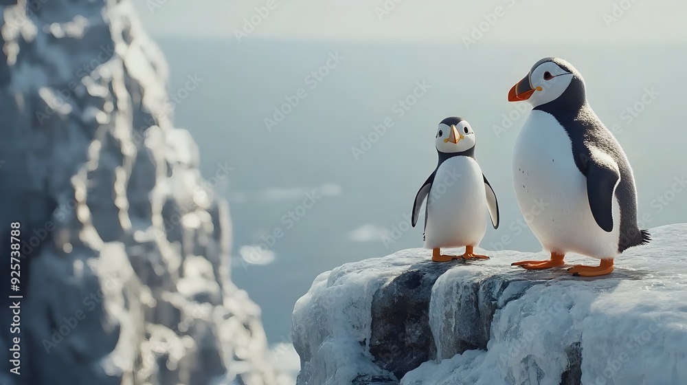 Obraz premium Penguin and Puffin Selfie on Icy Cliff Whimsical 3D Rendered Wildlife Scene