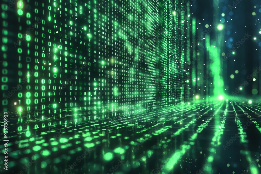 Green Dark Binary Code with Data Streaming Background created with Generative AI Green Dark Binary Code with Data Streaming Background created with Generative AI