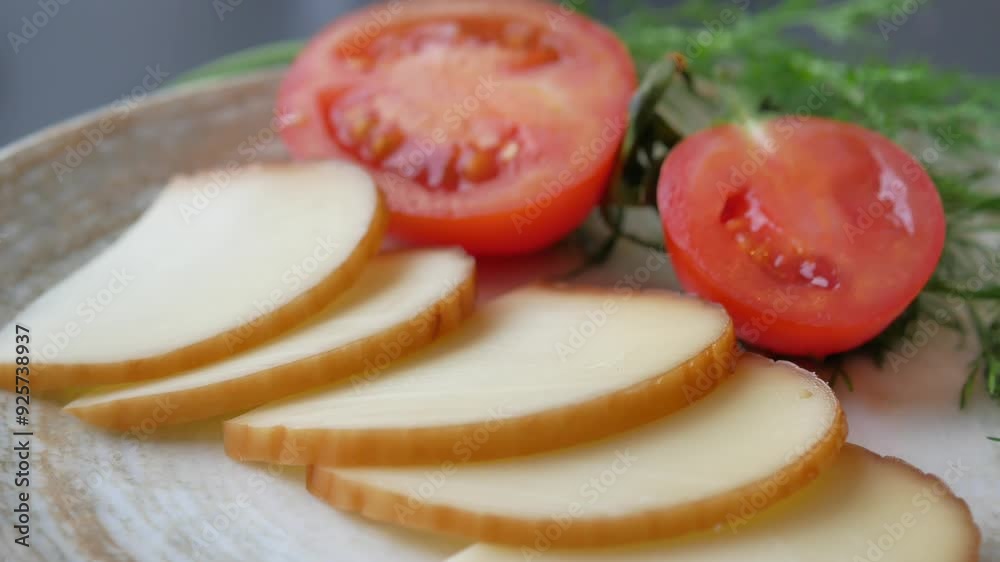 Delicious Fresh Sliced Cheese Accompanied by Juicy Tomato and Aromatic Herbs on a Plate Delicious Fresh Sliced Cheese Accompanied by Juicy Tomato and Aromatic Herbs on a Plate