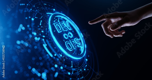 DevOps Dev Ops software development concept. Human Hand Touching Futuristic Virtual Screen with digital icon