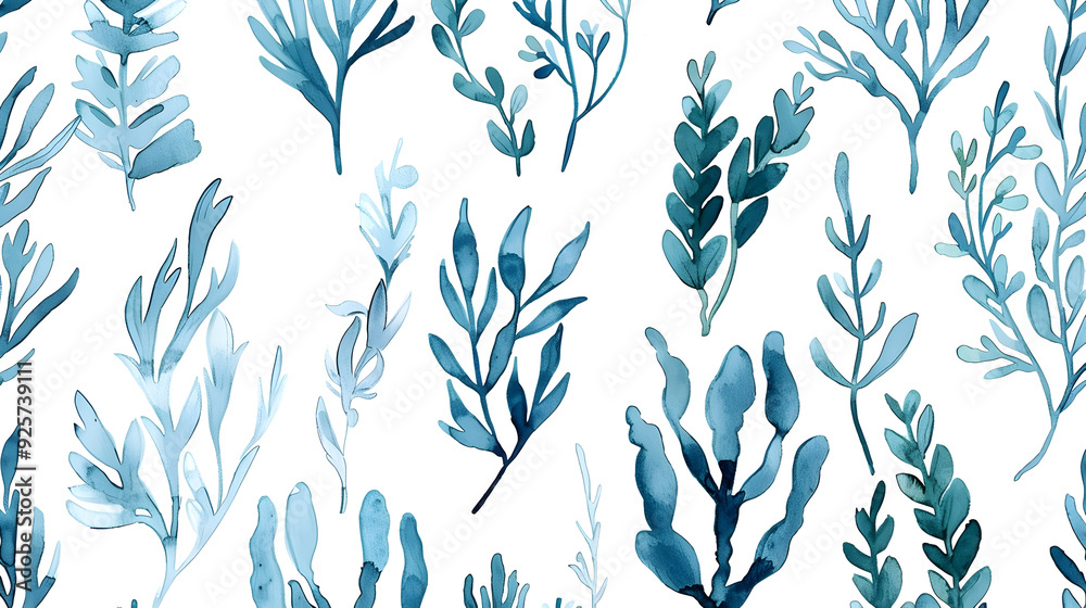 Watercolor seaweeds seamless pattern. Sea underwater plants, ocean ...