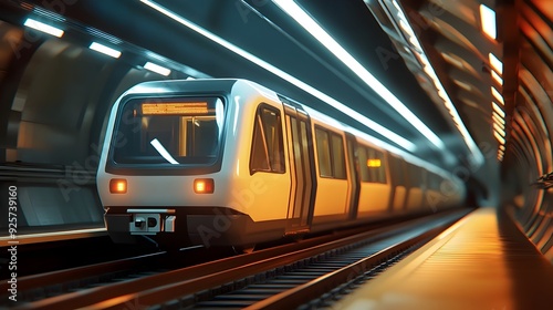 Fototapeta Naklejka Na Ścianę i Meble -  Sleek 3D Subway Train Gliding Through Illuminated Underground Tunnel