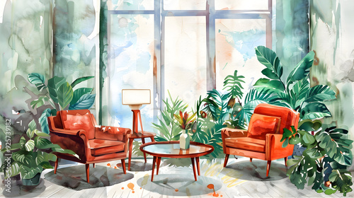 Watercolor trendy interior bohemian background with mid century modern furniture. Interior hugge Decor Scene. Cozy living room with houseplant, Urbun jungle Watercolor illustration. Housewarming photo