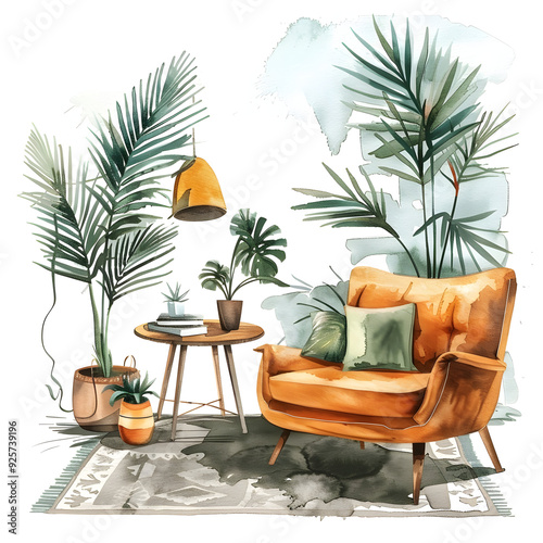 Watercolor trendy interior bohemian background with mid century modern furniture. Interior hugge Decor Scene. Cozy living room with houseplant, Urbun jungle Watercolor illustration. photo