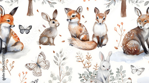 Watercolor Woodland animals seamless pattern. Fabric wallpaper forest with baby deer. Owl, fox and butterfly, Bunny rabbit set of forest, bear and bird baby animal Nursery