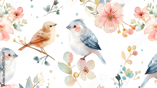 Watercolor Woodland birds seamless pattern. Fabric wallpaper forest with baby bird and nets, Floral flower forest, Nursery background