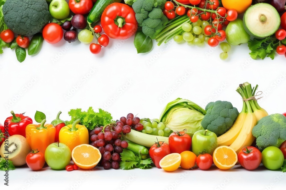 Assortment of Fresh Fruits and Vegetables Arranged in a Border Assortment of Fresh Fruits and Vegetables Arranged in a Border