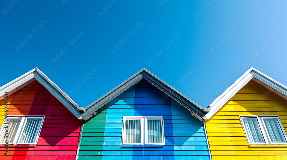 rainbow colorful house wall gable roof and clear blue sky, in LGBT home concept
