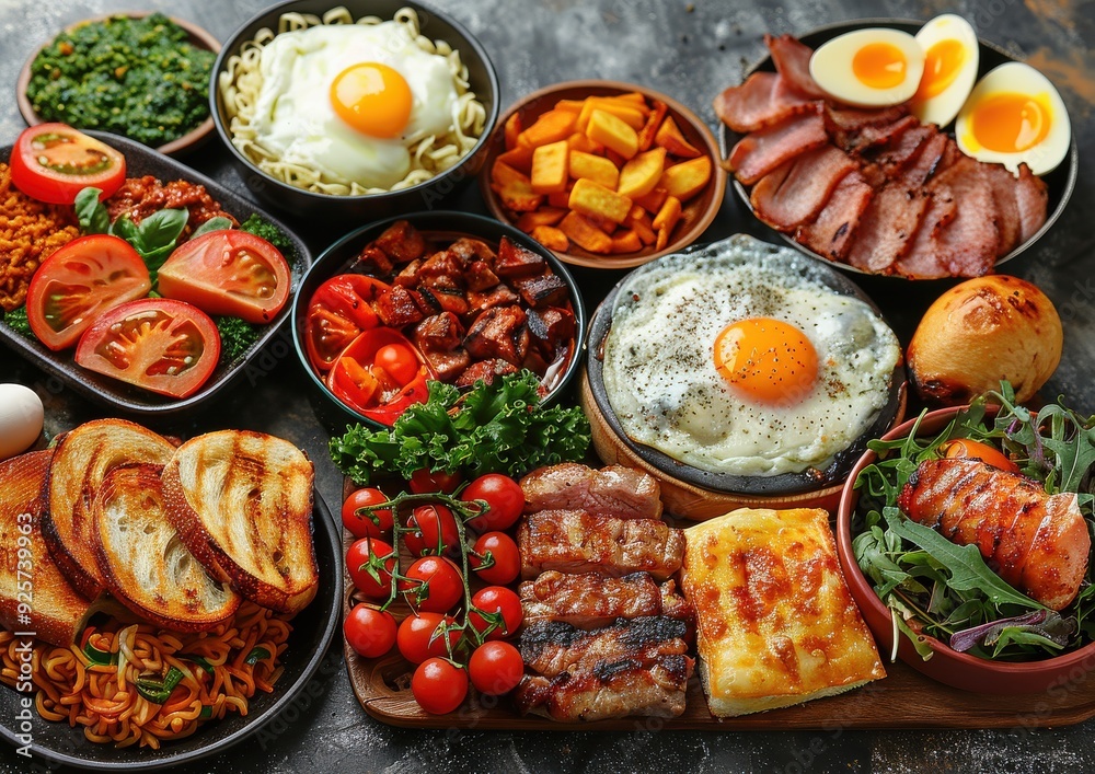 Delicious traditional breakfast spread featuring eggs, toast, bacon, vegetables, fruits, and more served on a rustic wooden table Delicious traditional breakfast spread featuring eggs, toast, bacon, vegetables, fruits, and more served on a rustic wooden table