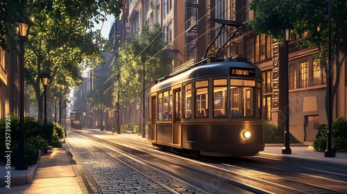 Vintage Tram Traversing a Blend of Modern and Historic Architecture in the City