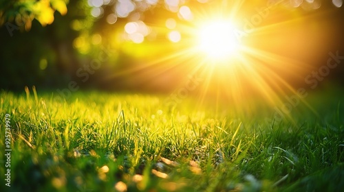 Golden Hour Meadow: Sunbeams illuminate a vibrant green meadow, capturing the warmth and serenity of a summer sunset. 