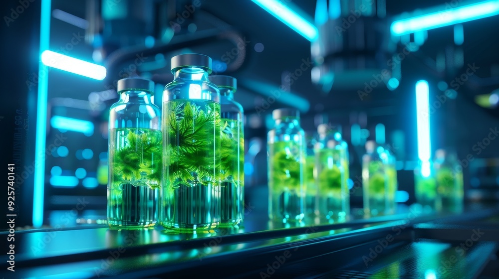 Bottles containing vibrant green liquid in a futuristic laboratory. Innovative technology and modern design create a stunning visual. Bottles containing vibrant green liquid in a futuristic laboratory. Innovative technology and modern design create a stunning visual.