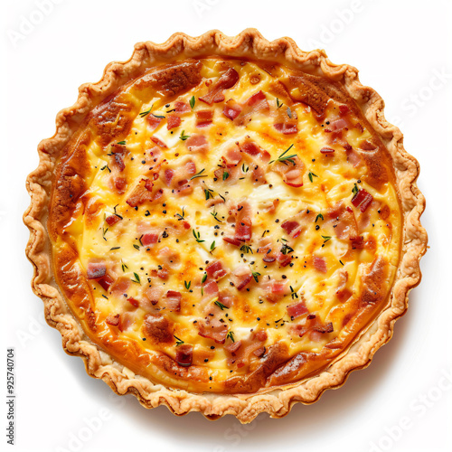 a quiche with ham and cheese on a white surface