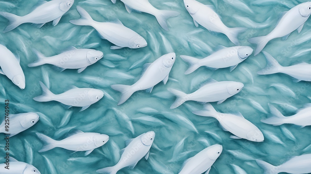 Fototapeta premium Shoal of herring in watercolor, seen from above, their bodies creating mesmerizing patterns in the water's depths